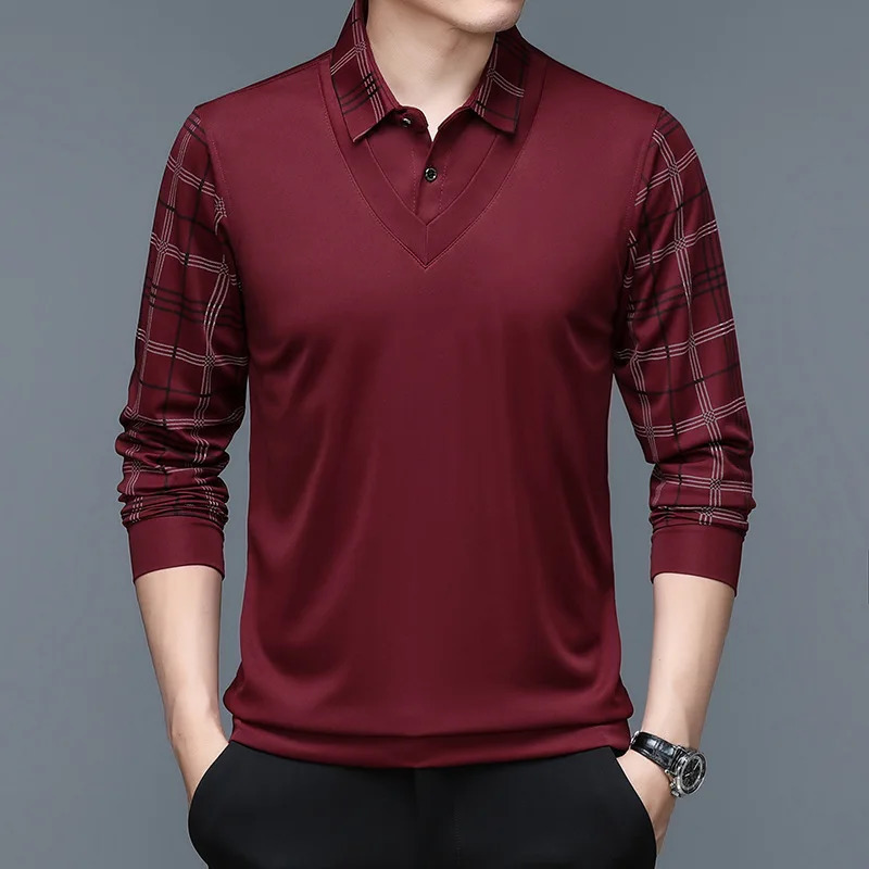 Spring Autumn Mens Pullover Turndown Collar Solid Plaid Panel Striped Long Sleeve Tshirt Polo Bottom Casual Formal Tops 250107Z