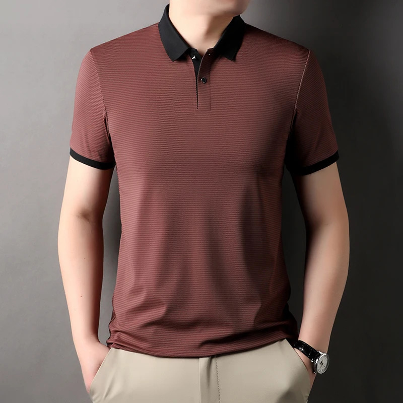 Seamless Mens Polo Shirts Summer Short Sleeve Business Casual High Elasticity Simple Classical Plaid Man Tees 250107Z