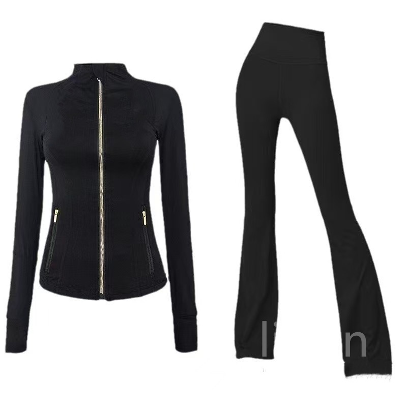 Women Tracksuit Yoga Flared pants Hooded jacket Set gold zipper jacket leggings Speed Up Fitness sets High Waist Sports Jacket Zip Coat Elastic S