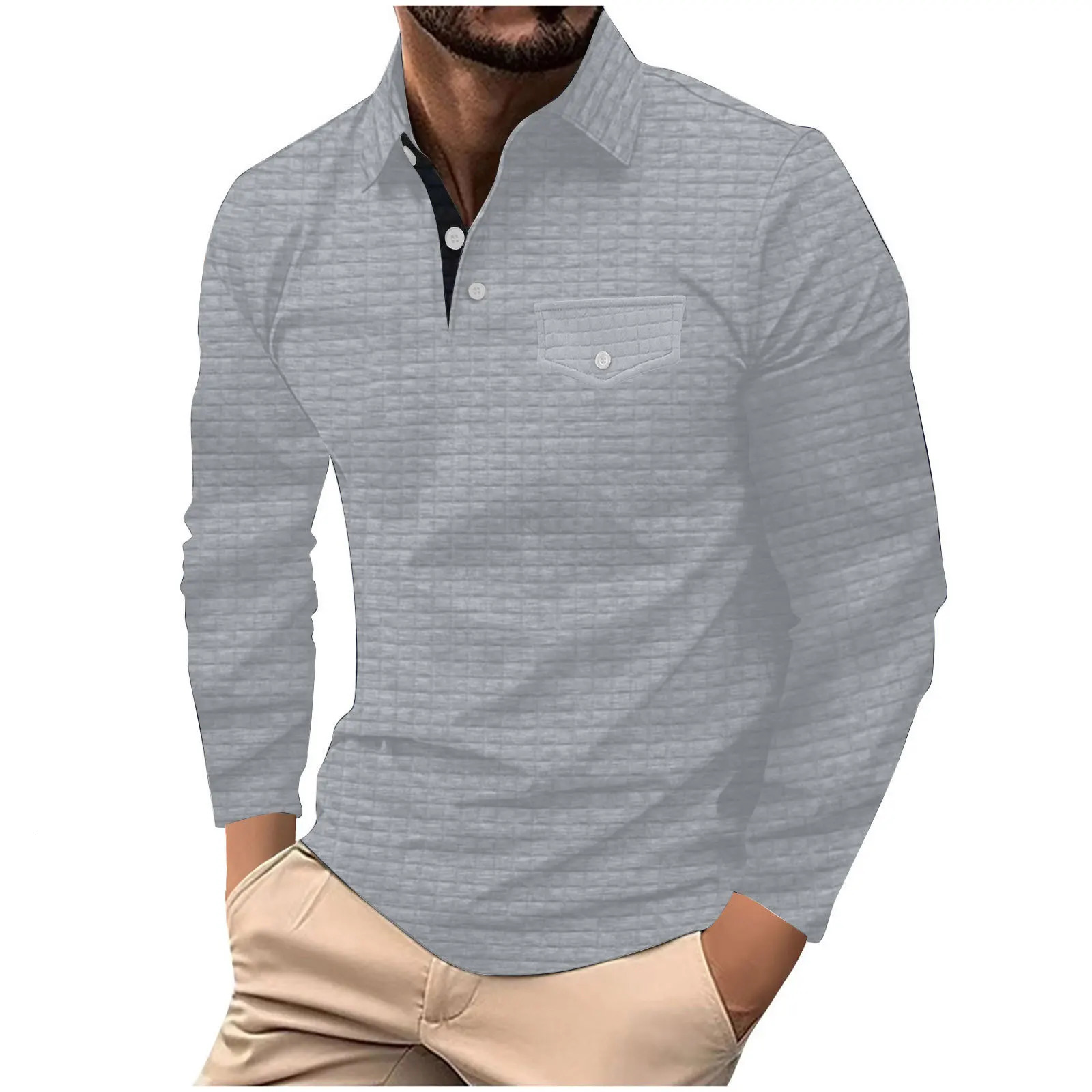 Spring and autumn mens casual POLO shirt plaid solid color daily outdoor sports fashion street longsleeved top 250107Z