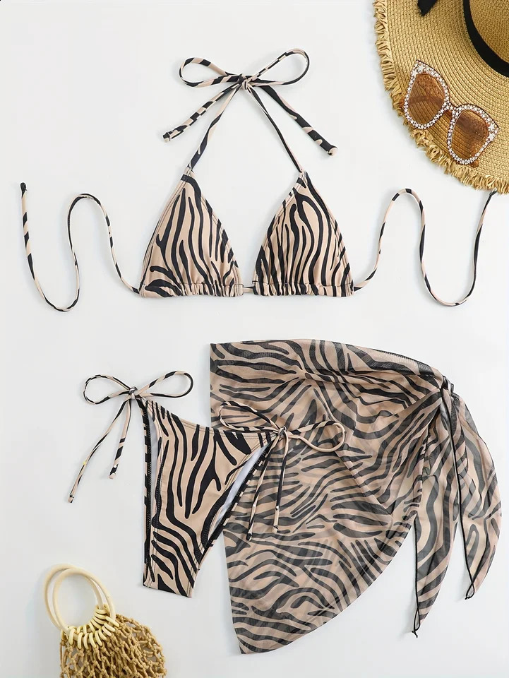 2024 Sexy Three Pieces Bikini Set Women Summer With Sarong Skirt Swimsuit Female Swimwear Leopard Printed Bathing Suits 250118Z