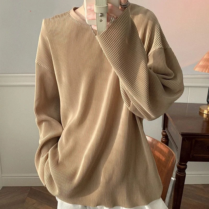 Plus Size Striped Loose T Shirts Mens Spring Autumn Oneck Long Sleeve Solid Color Tops Tees Fashion Trend Men Clothing 250107Z