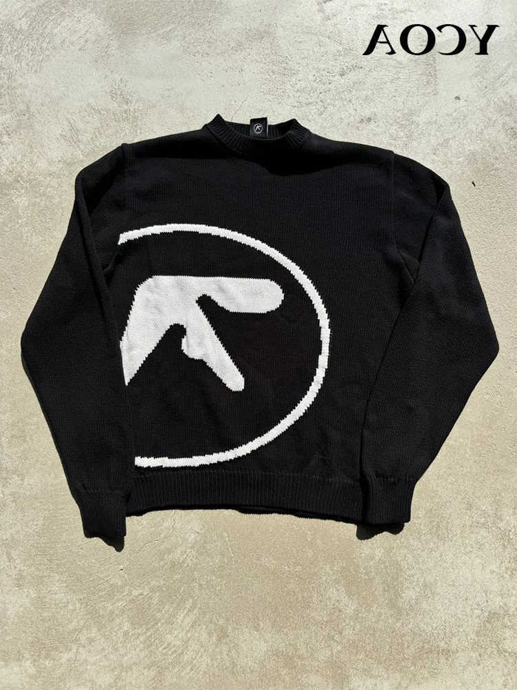 Men's Sweaters Mens Sweater Y2K Aphex Twin Knit Oversized Pullovers Goth Jumper Winter Graphic Strtwear Long Sleeve Tops Vintage Clothing Y2501