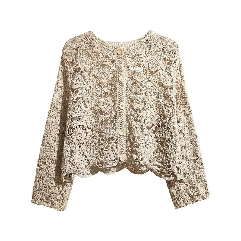Hollow Out Cardigans for Women Sweater Long Sleeve Chic Casual Knitted Coat 2024 Fashion Stretch Single Breasted Cardigan 250107Z