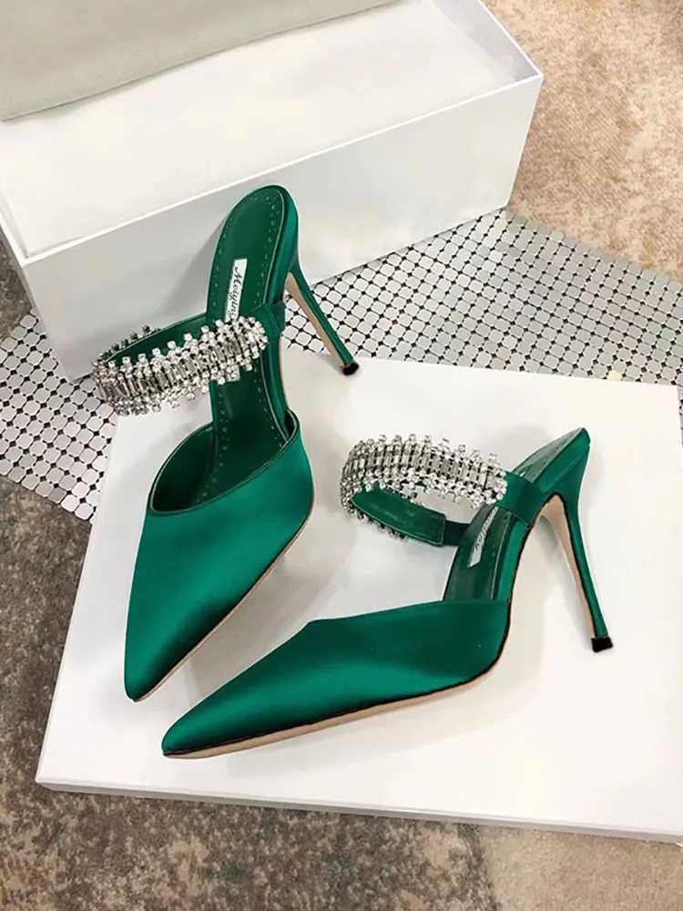 Womens 2026 Pump Summer New Rhinestone Chain Slippers High Heels Stiletto Pointed Shallow Mouth Silk Sandals Outer Wear L26816