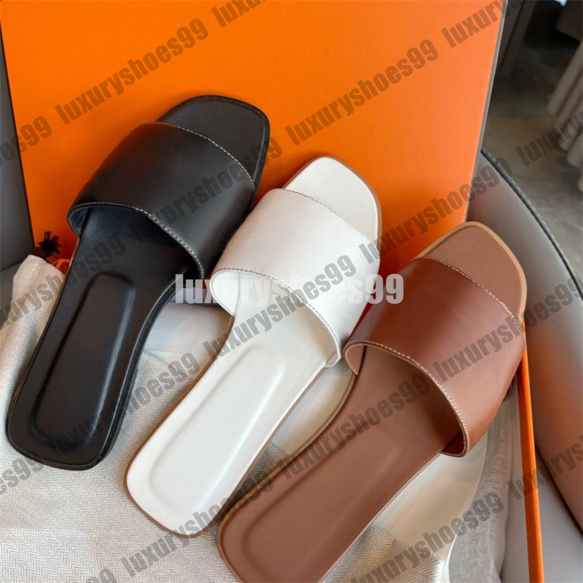 Women Sandals Designer Brand Flat sandles Heels Beach Real Leather Slippers Letter Slides Women Flat Slide Flip flop Flops with Dust Bag 35-42 sa-image-930961050