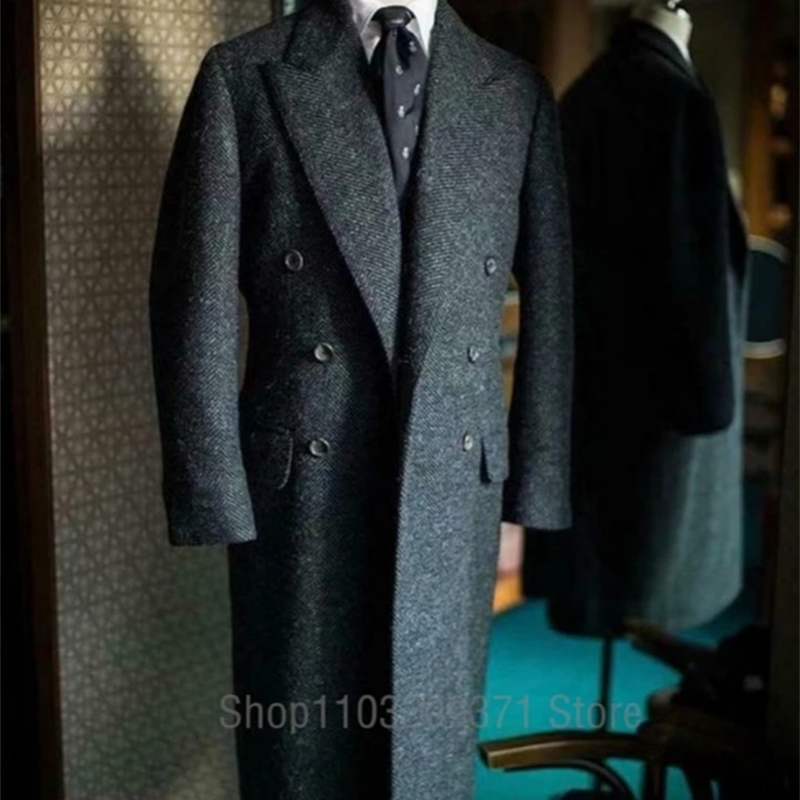 Herringbone Suit Jackets Men Tweed Wool Blend Trench Coat Long Double Breasted Overcoat Military Business Blazer Tailore Made 250106Z