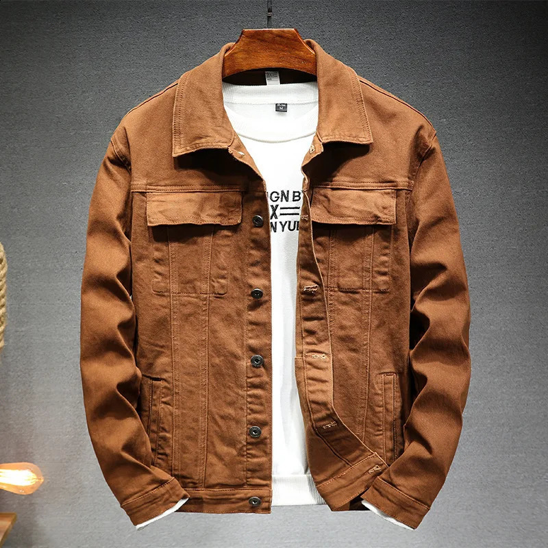 2024 spring and autumn styles Mens brown denim jacket Fashion high quality stretch slim fit denim jacket for men 250113