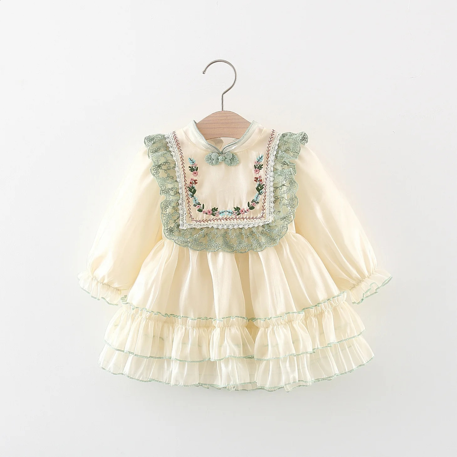 Spring and autumn girls long sleeved dresses baby embroidered button up stand collar solid color lace princess skirt 250117