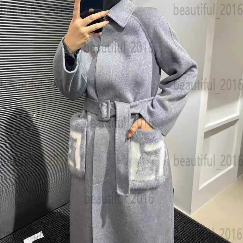 Mélange de laine pour femmes Designer F Home Coat 2023 automne / hiver Nouveau cachemire poche de vison long épissage F0E8