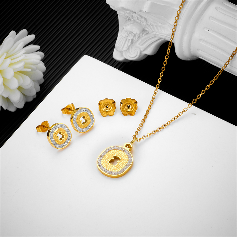 Hot Sale Fashion Women Men Silver Gold Stainless Steel Bear Cartoon Span Heart Black White Zircon Pendant Necklace Earrings Sets Jewelry-image-1056361159