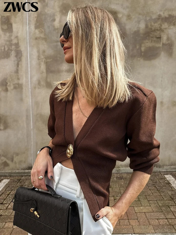 Knitted Single Button Cardigan Women Elegant Vneck Long Lantern Sleeve Sweaters 2025 Spring Female Solid Tops Streetwear 250107Z