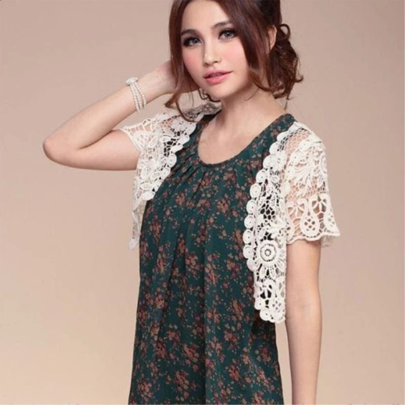 Womens Short Sleeve Open Front Lace Cardigan Floral Crochet Sheer Beach Cover Up Shrugs Crop Jackets for Dresses 250107Z