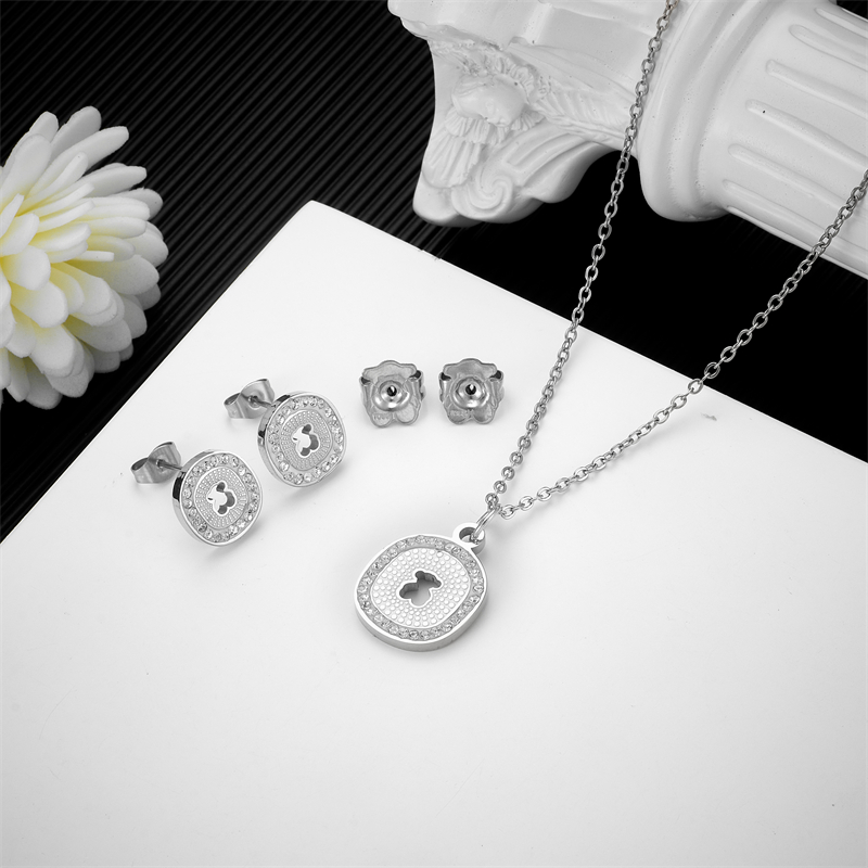 Fashion Women Silver Gold Stainless Steel Bear White Black Zircon Circle Pendant Earrings Sets Jewelry-image-1042623179