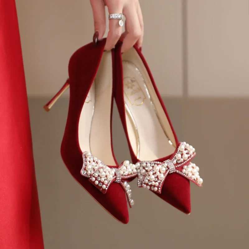 Wens High Summer New Pointy hot Bow Pearl Suede Wedding Fashion Temperament Stiletto H Bridal Shoes Z250121