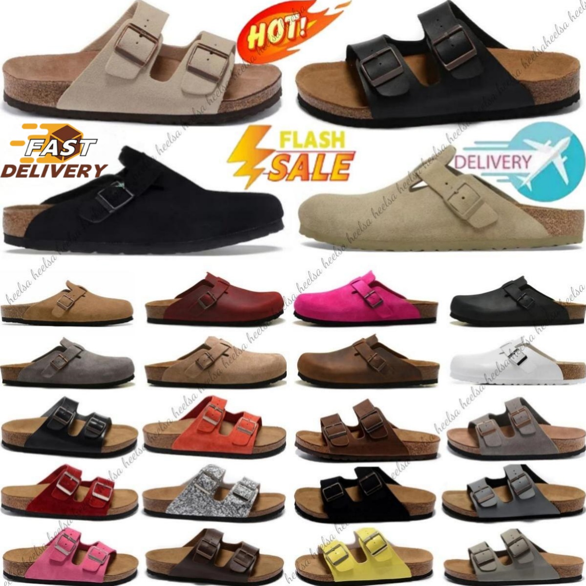 Designer Slippers Sandals Clogs Boston Mules Cork Flat Soft Women Men Fluffy Fashion Suede Taupe Summer Leather Black Blue Grey Slide Beach Casua-image-937298425