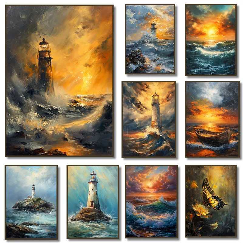 Lighthouse Storm Sunset Poster Print Flower Waves Boat Sea Ocean Canvas Painting for Living Ro He Decor Cuadros Y250122-image-1042826253