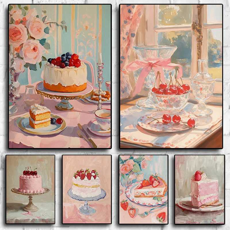 Vintage Trend Cute Cake Dessert Food Illustration Poster Canvas Painting Wall Art Image Decoration Y250122-image-1042826588