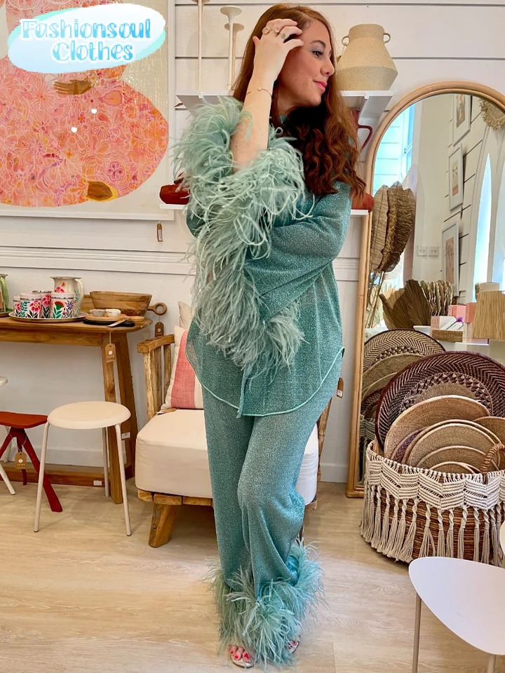 Women Fashion Shinny Feather Solid Shirt Trouser Suits Chic Lapel Single-breasted Tops Autumn Set 2024 Lady Holiday Pants Sets 250109