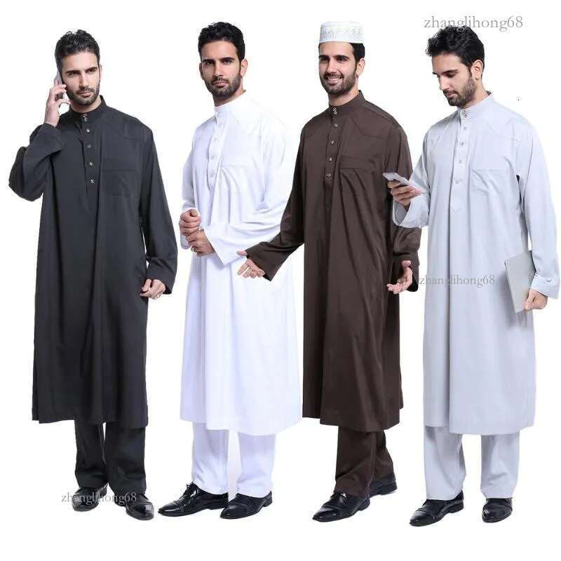 Men's Tracksuits Dubai Arab Islam Muslim Clothing Sets Men Jubba Thobe Solid Kimono Long Robe 2 Piece Set Tops And Pants Saudi Musulman Wear