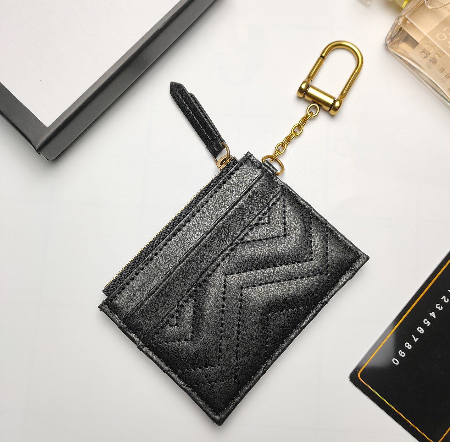 Card Holder Mini Wallet Leather purse Top quality luxury Designer Fashion Womens men Green Grey wallet Key Ring Credit Coin Mini Bag Charm Brown