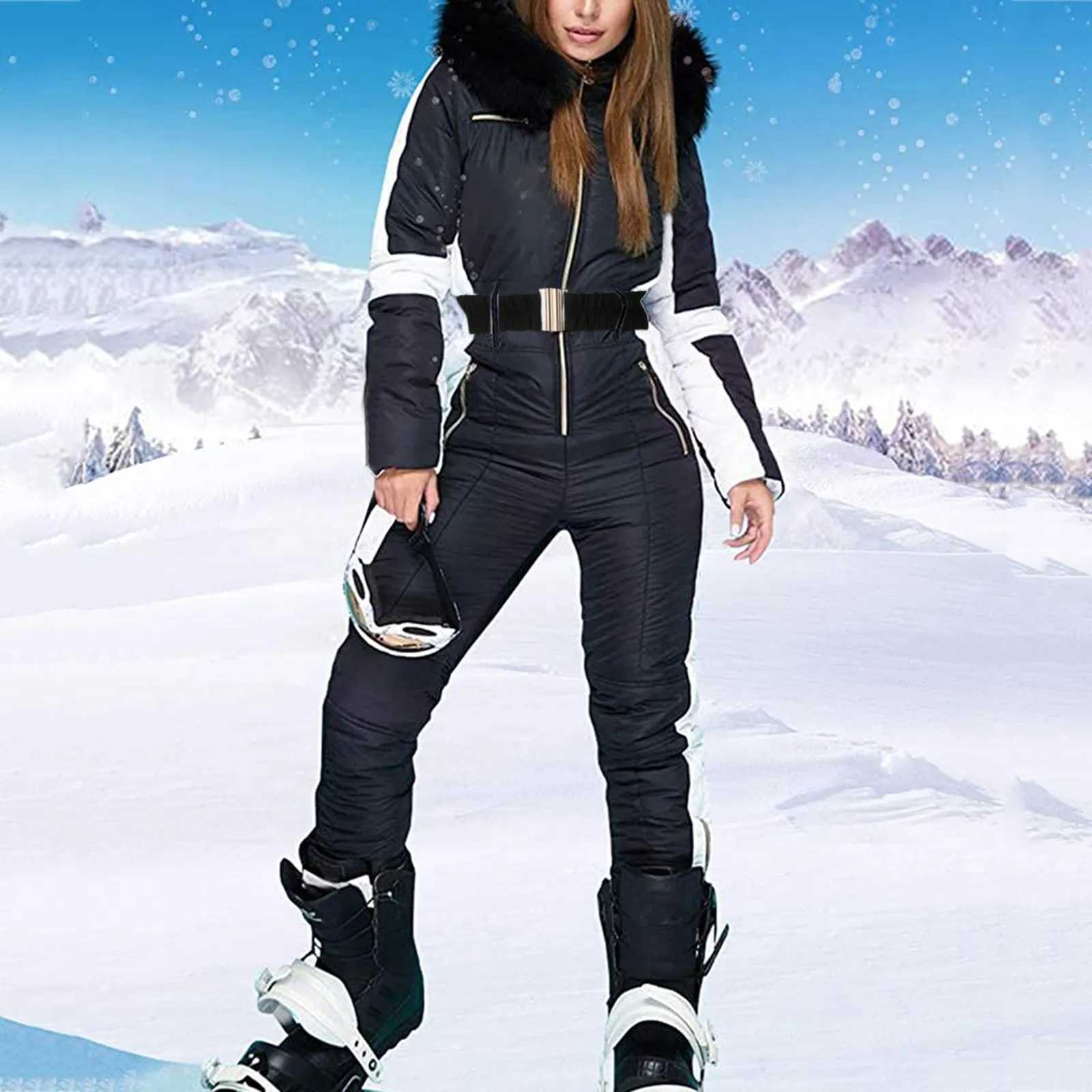 Women's Jumpsuits Rompers 2024 Winter Warm Ski Suit Patchwork Hooded Snow Overalls Outdoor Sports Ski Jumpsuit One Piece Snowboard Clothes W-image-1042985492