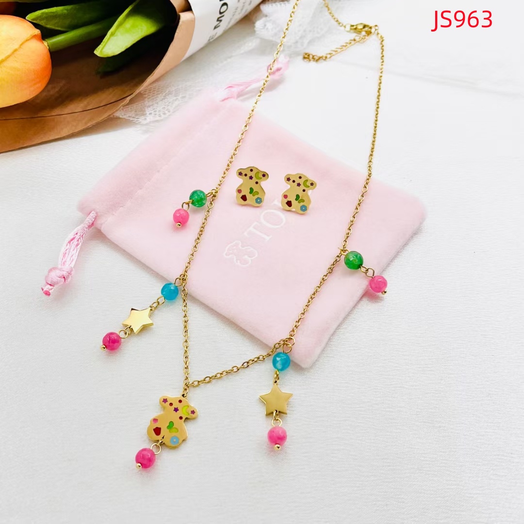 Fashion Women Silver Gold Stainless Steel Bear Circle Pendant Bracelet Earrings Sets Jewelry-image-1042920938