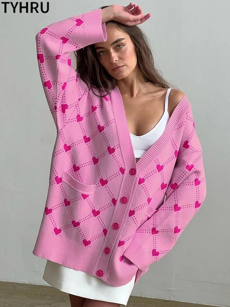 TYHRU Womens Knitted Cardigans Female Vneck Heart Pattern Sweaters Loose Casual Pockets Knitwear Kawaii Jumpers Top 250107Z