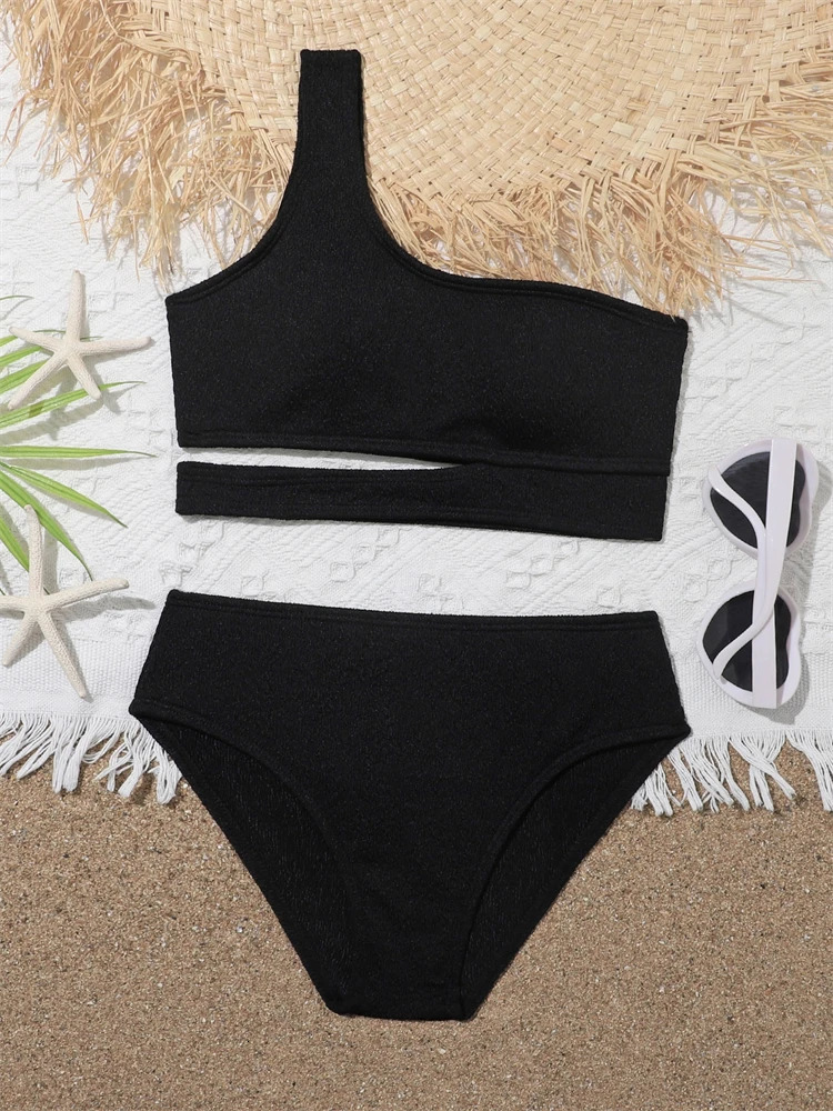 Girls Swimsuit Bikini 2024 Solid One Shoulder Bikinis Set Children Swimwear Summer High Waist Kids Beach Wear Bathing Suit 250121