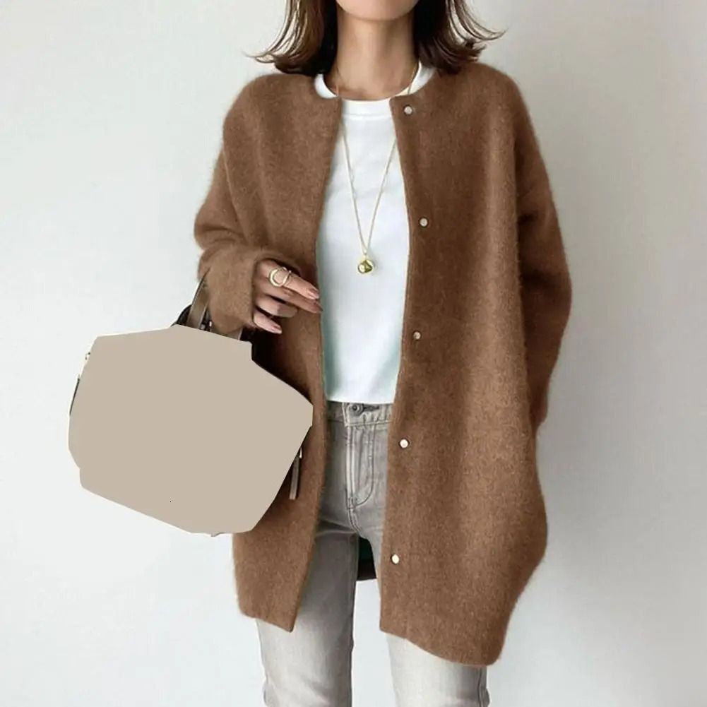 Solid Color Knitting Women Cardigan Elegant Round Neck Knit Coat for Loose Outwear Thick Crew Pullovers 250107Z