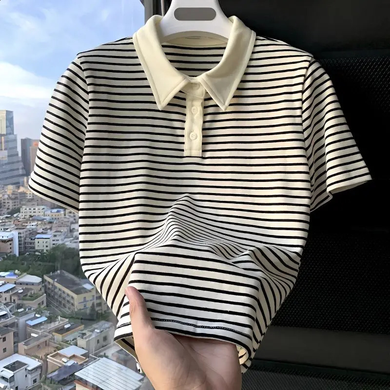 Fashion Simple Casual Versatile Men Polo Shirts Summer Short Sleeve Lapel Button Contrasting Striped Slim Breathable Tops 250122