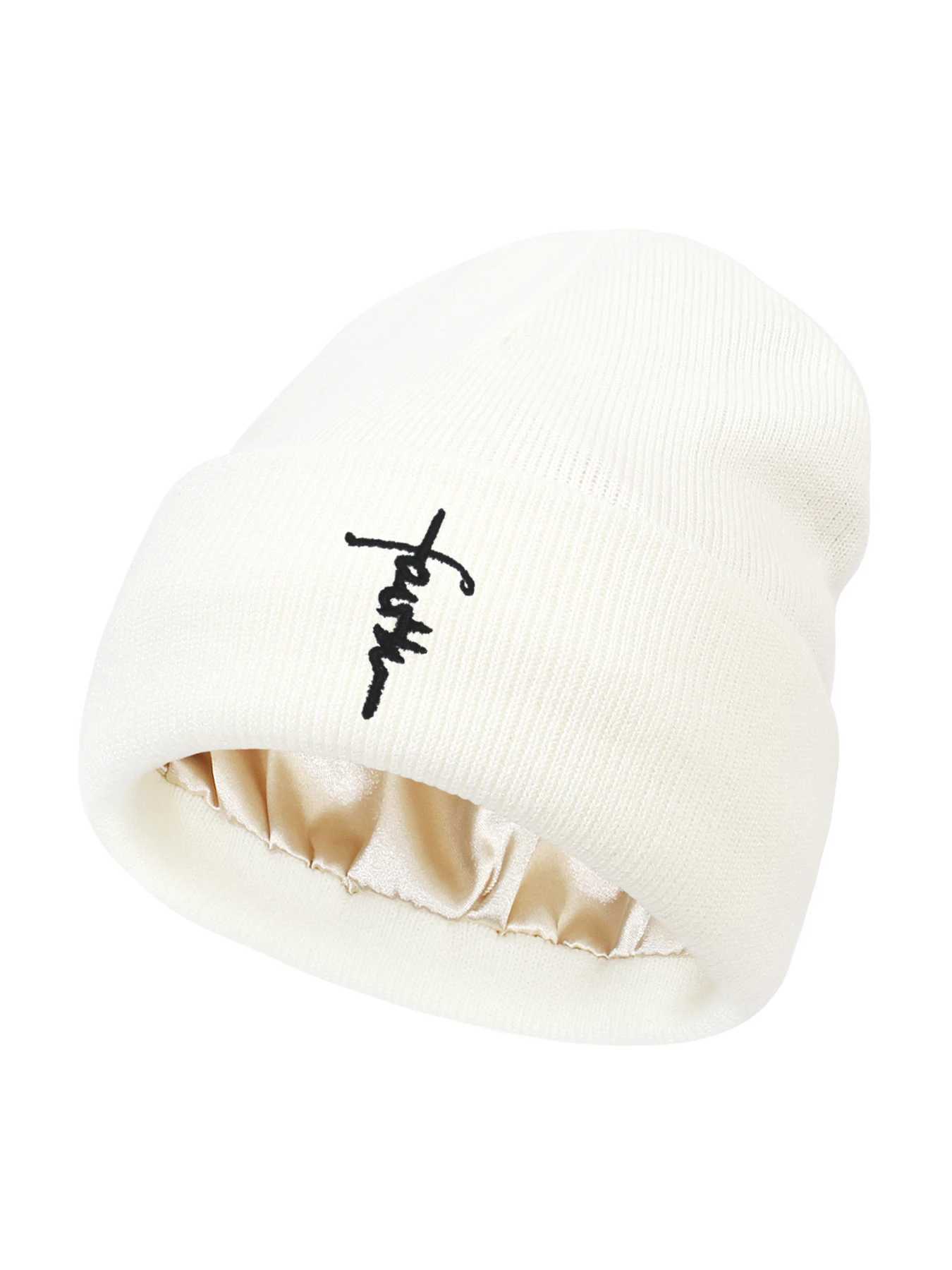 Embroidered Letter Beanies Bonnet For Women Men 2Layer Silk Satin Lined Anti Static Knitted Hat Autumn Winter SKi Skullies Cap S261017F7EW