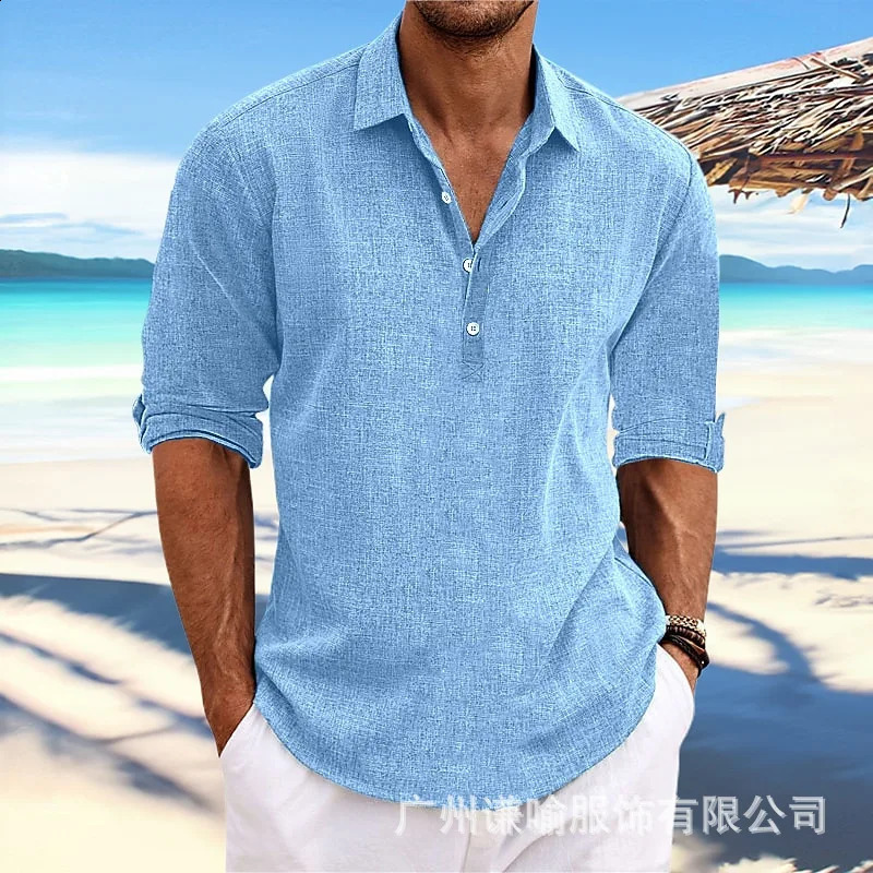 Men Cotton Linen Long Sleeve Social Shirts Blouses Turn Down Collar Casual Beach Formal Shirt Man Clothes Streetwear 250122