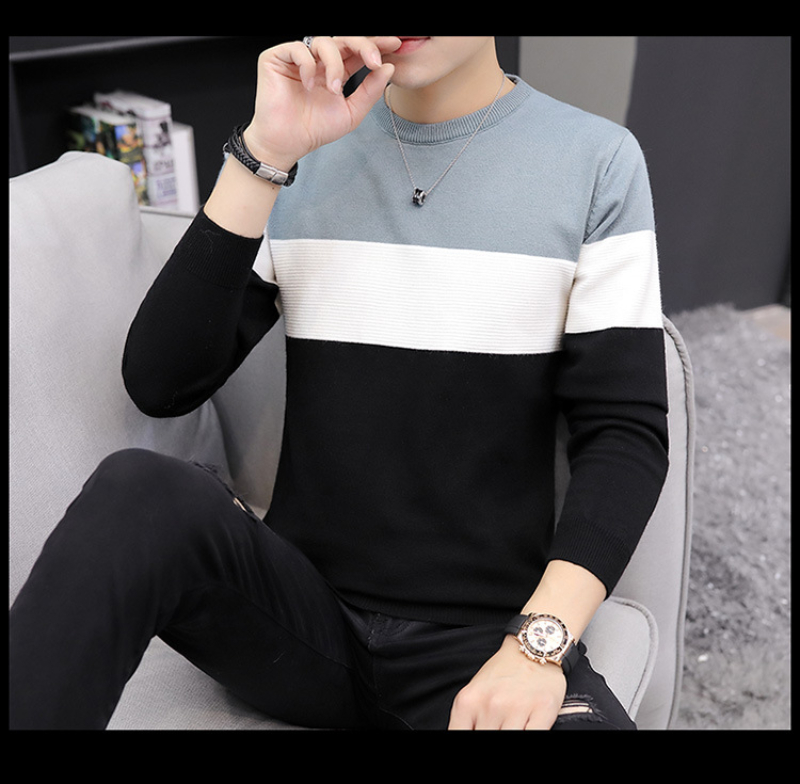 New men's Korean version striped matching color round neck jumper sweater slimming youth sweater base shirt