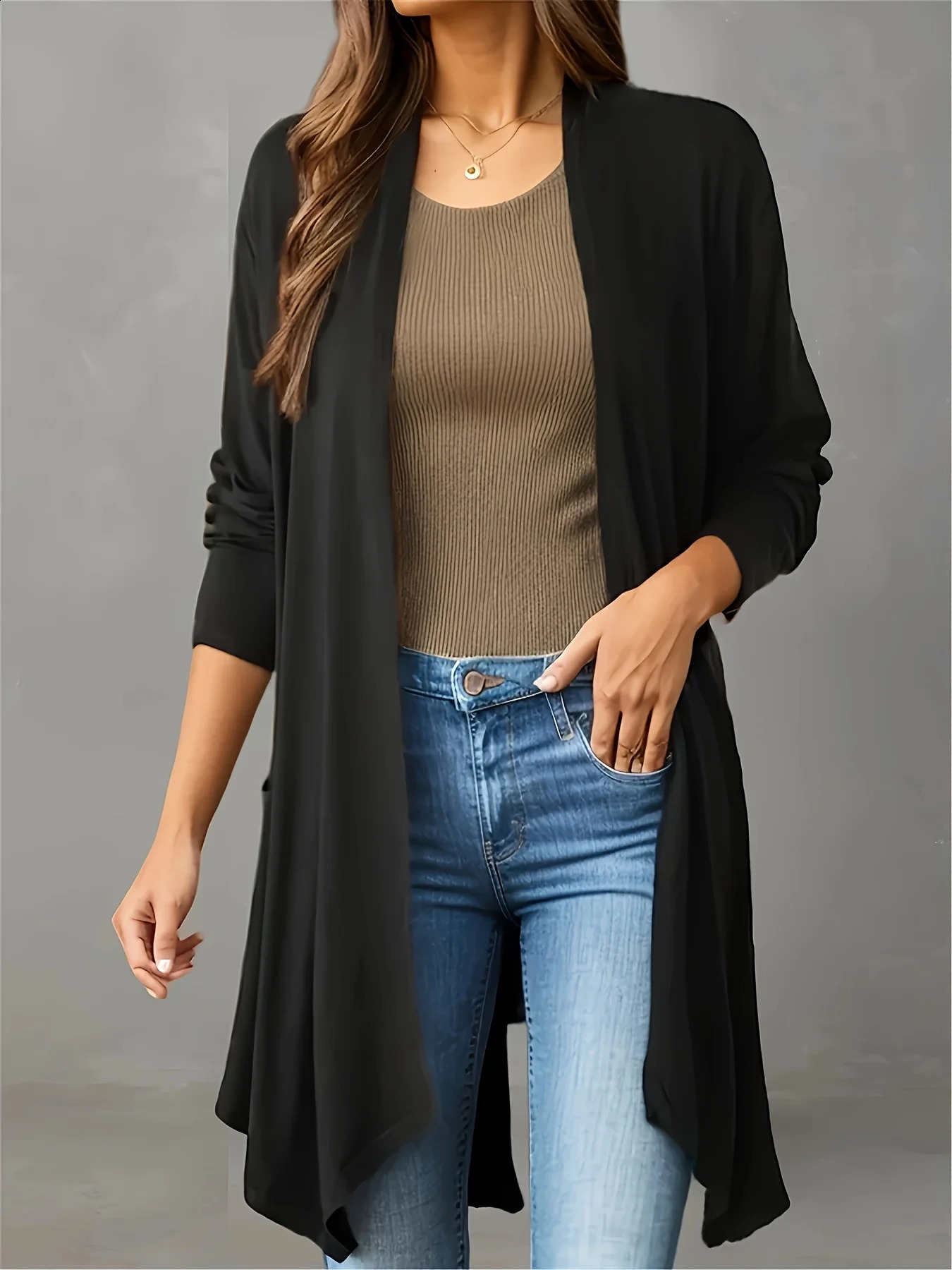 Elegant Solid Long Sleeve Patched Cardigan Ladies Spring Fall Knitted Coat Longline Casual Top 250107Z