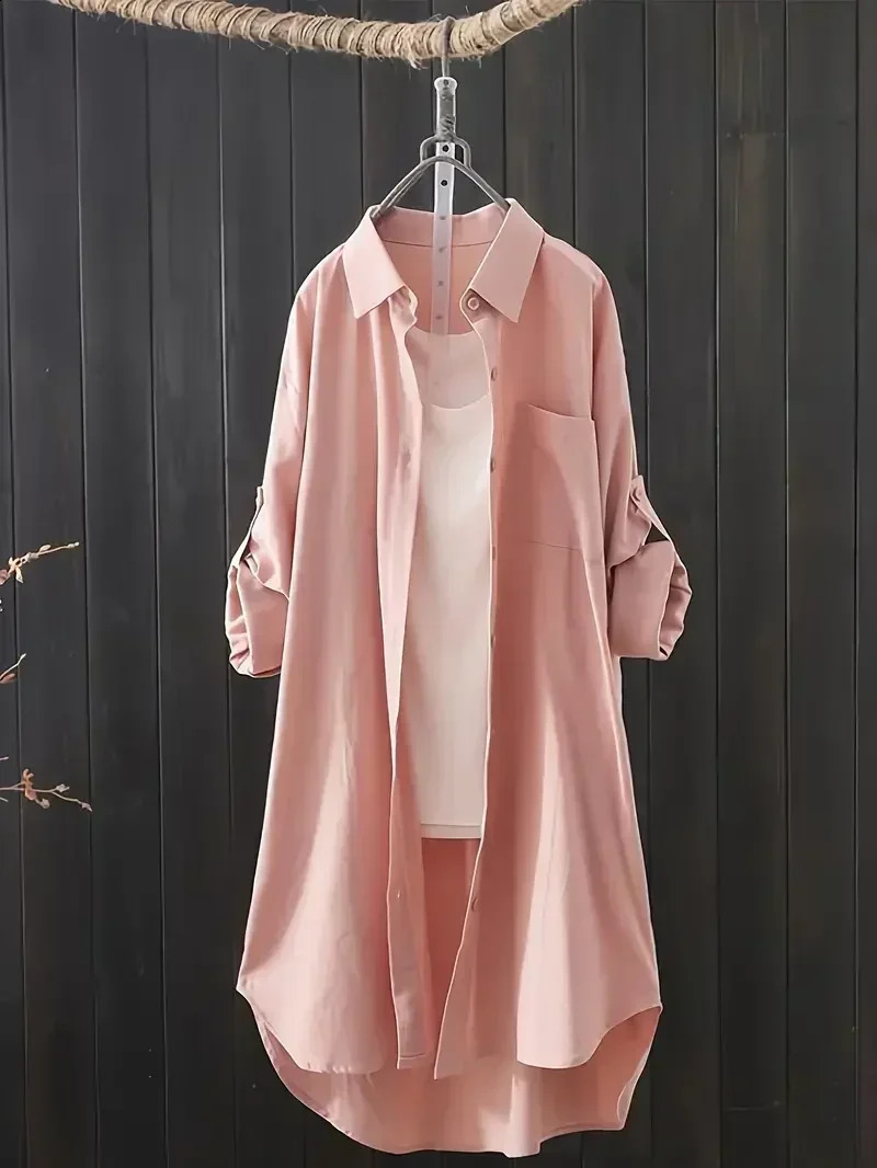 Womens Plus Size 1XL5XL Casual Solid Color Button Up Blouse Ladies Fashion Roll Sleeves Turndown Collar Shirt 250122Z
