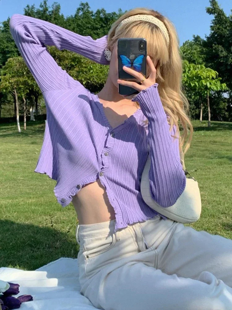 Spring Autumn Womens LongSleeved Knit Cardigan Purple Tops Korean VNeck Short Sunscreen Chic Sweaters GD375 250107Z