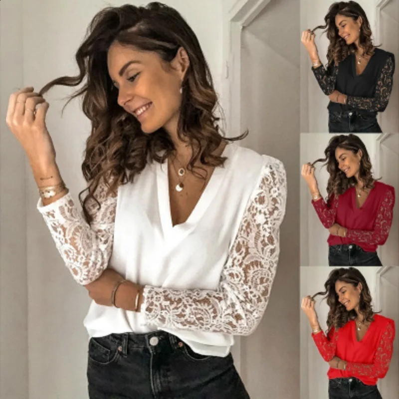 Women Lace Patchwork Blouse Spring Autumn V Neck Short Long Sleeve Slim Shirts FYY5090 250118Z