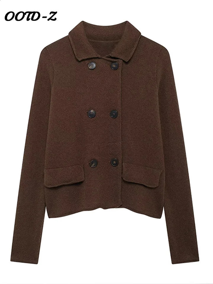 Double Breasted Solid Women Cardigan Full Sleeve Straight Lady Sweater 2024 Vintage Fashion Autumn Lapel Knit Female Knitwear 250107Z