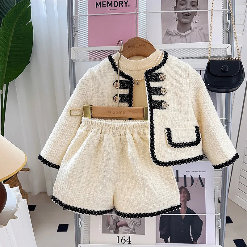 Childrens Sets Spring Korean Girl Baby French Loose Coat Trousers Two Pieces Round Collar Fashion 2024 Button Simple 250114