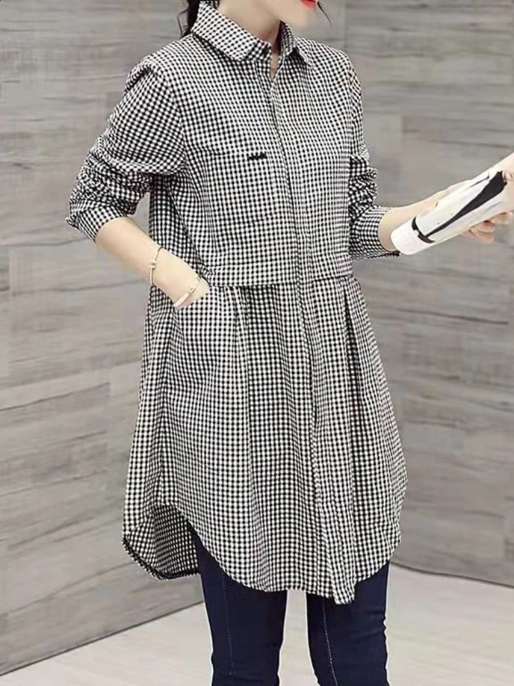 Plus Size Korean Fashion Blouses Flat Button Solid Midi Autumn Shirt Womens Loose Long Sleeve Polo Neck 250122Z