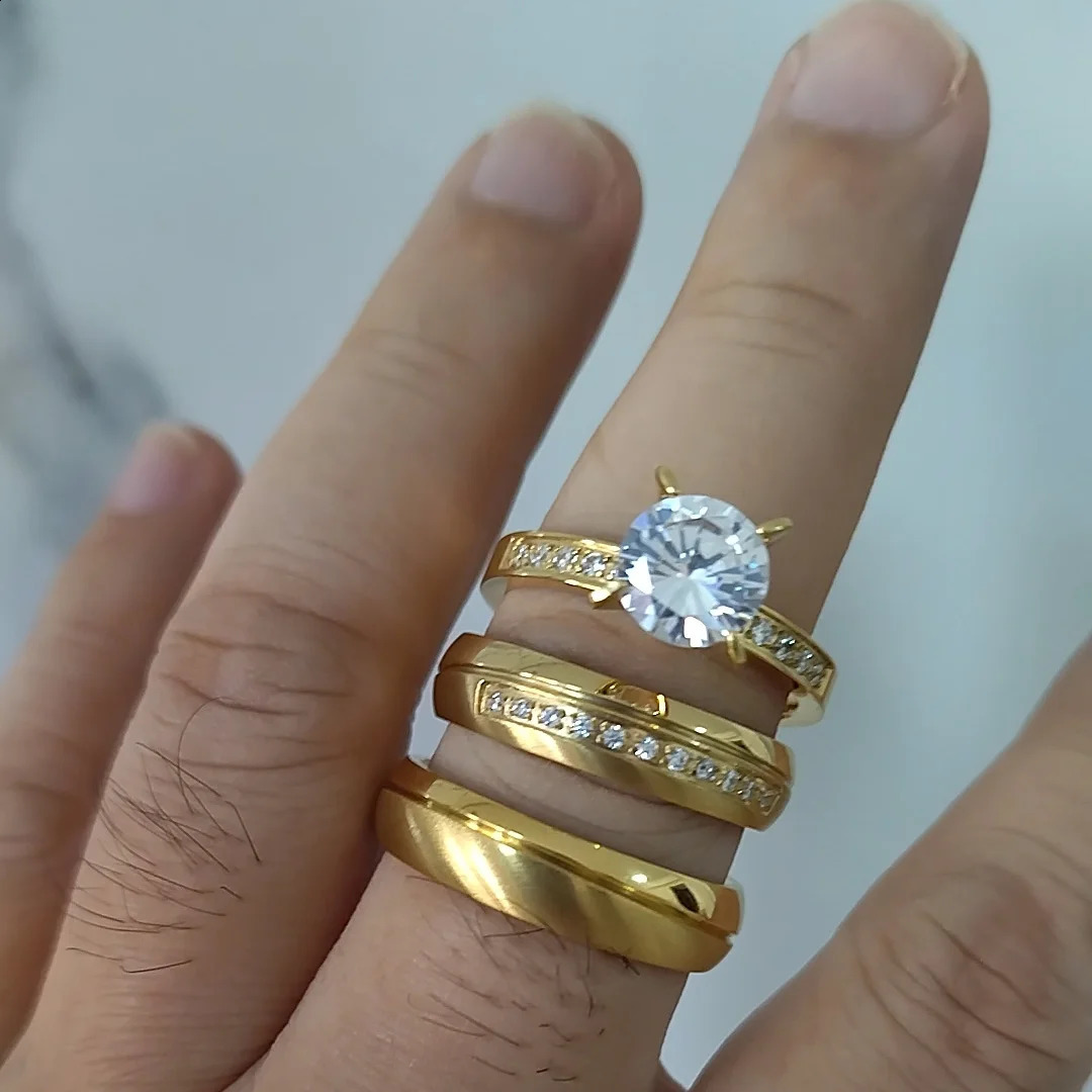 3pcs Wedding Engagement Rings Set for Men Women Cz Diamond Ladies Gents I Love You Couple 18k Gold Plated Eheringe 250121