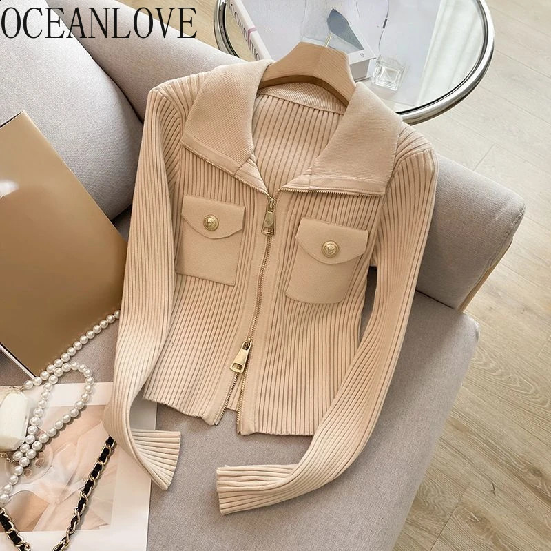 OCEANLOVE Zipper Solid Short Cardigans Korean Fashion Autumn Winter Basics Elegant Women Sweaters Turn Down Collar Knitwears 250107Z