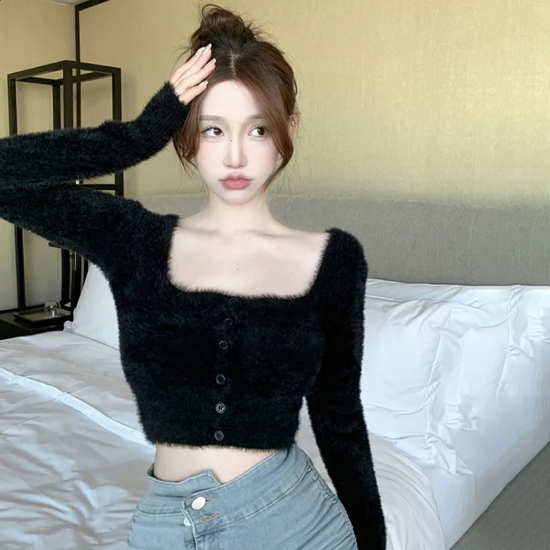 Y2k Autumn Chic Women Knit Sweater Crop Tops Square Collor Sweet Elegant Female Solid Color Pullover Korean Clothing 250107Z