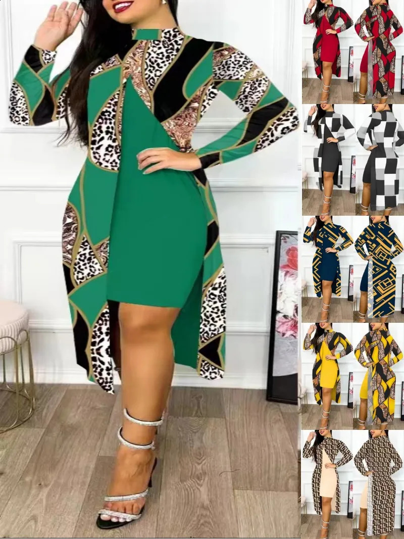 Two Piece Set Women Print Dresses Sets Full Sleeve Half High Collar Split Cardigan Dress Suits Elegant A Line Office Lady 250122Z