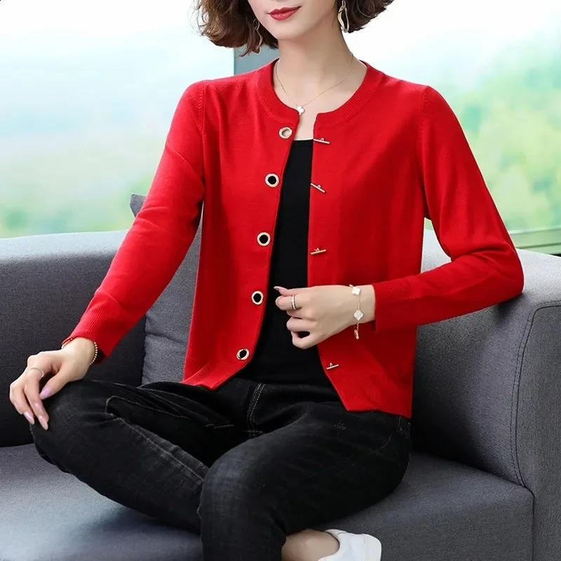 Solid Color Knitted Cardigan Women Korean Single Breasted Long Sleeve Jumper Woman Round Neck All Match Cardigans Outwear 2024 250107Z
