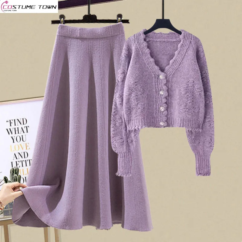 2024 autumn and winter womens clothing Korean version slim fit knitted sweaterhalf skirt twopiece set trendy 250122Z