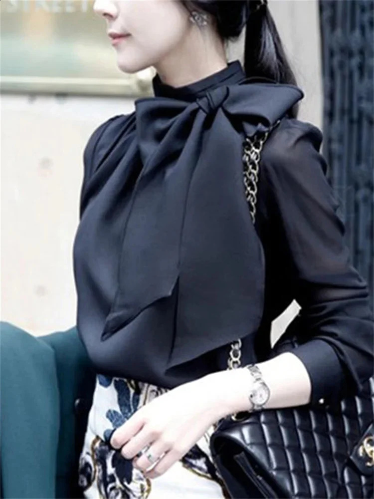Women Spring Summer Style Chiffon Blouses Shirts Lady Casaul Long Sleeve White Black Bow Tie Collar Blusas Tops 250121Z