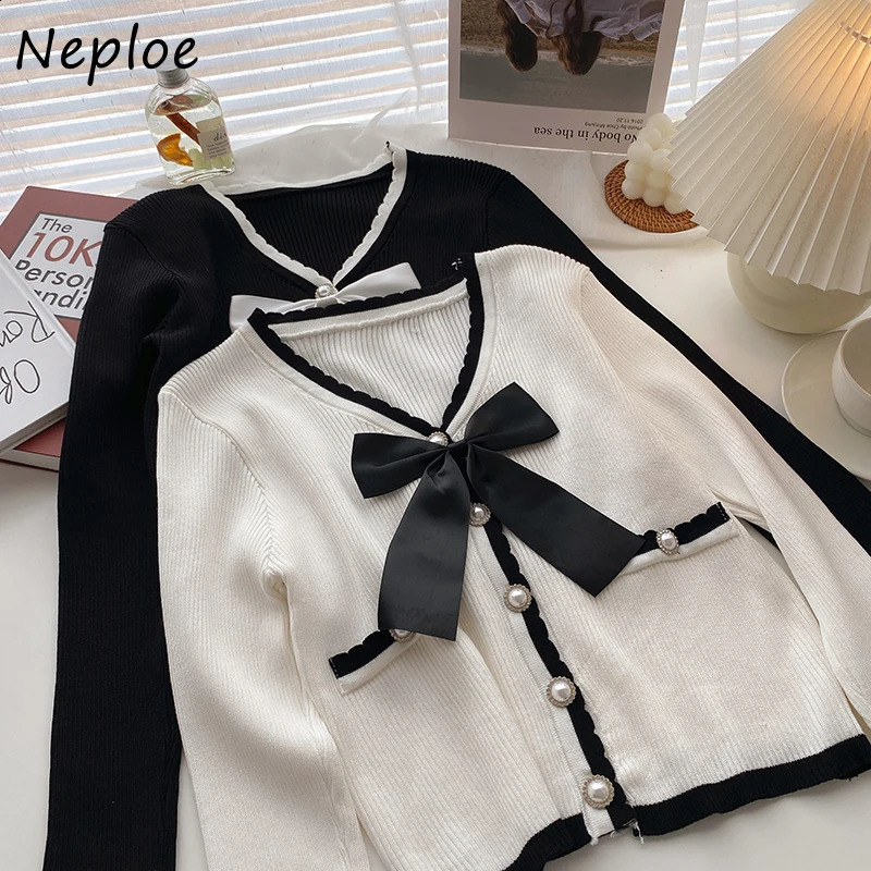 Neploe Vneck Bowknot Decoration Sweet Woman Sweaters Autumn 2024 Korean Style Short Knitted Cardigans Pearl Button Knit Tops 250107Z