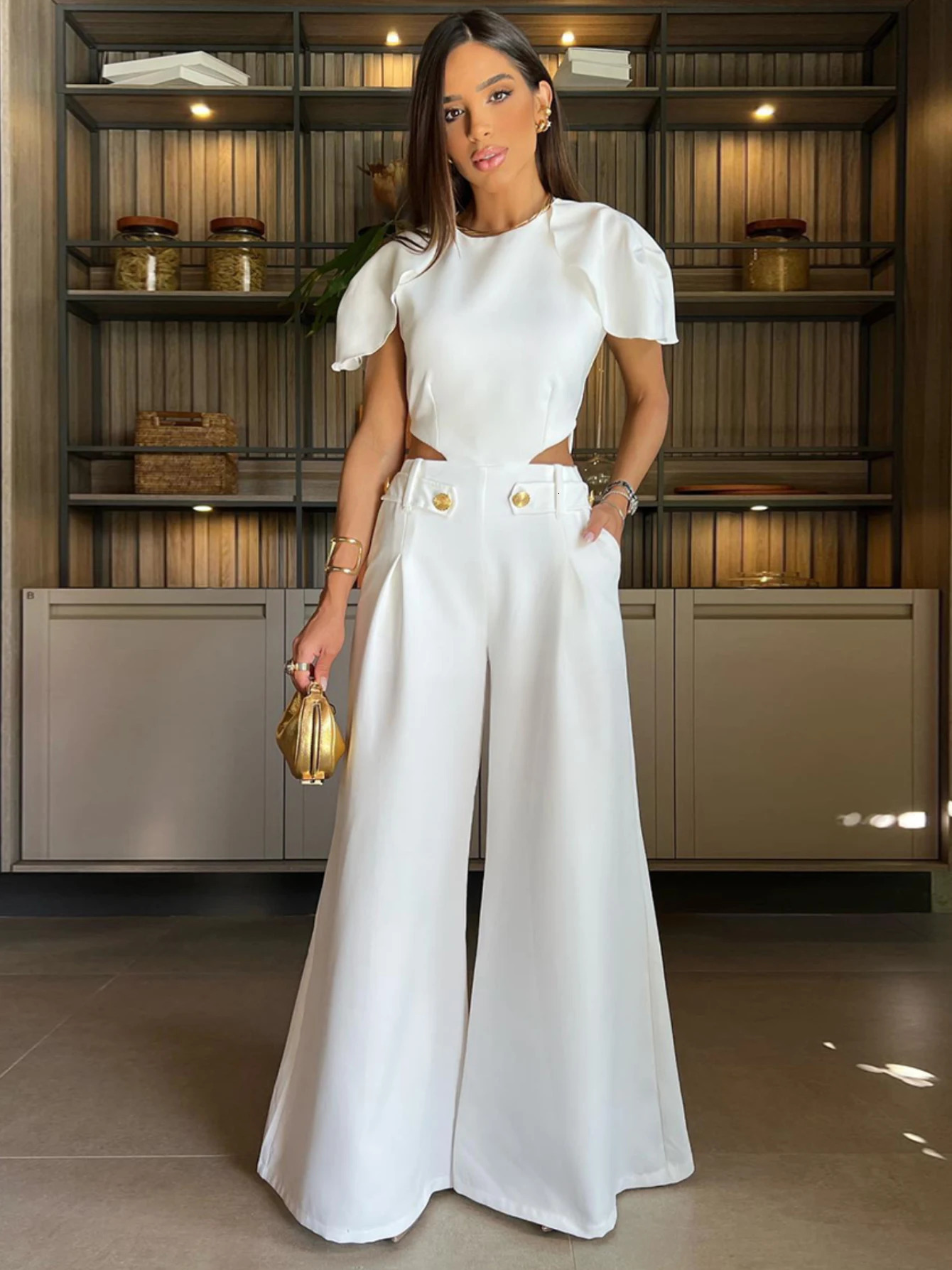Elegant Solid Hole Button Womens Jumpsuit O-neck Butterfly Sleeve Loose Long Pants One Piece Suit Summer Women Fashion Bodysuit 250109